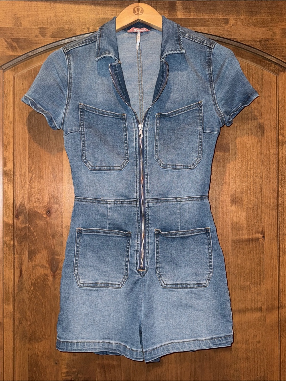 Free People Light Blue Denim Short Sleeve Romper with Front Zip